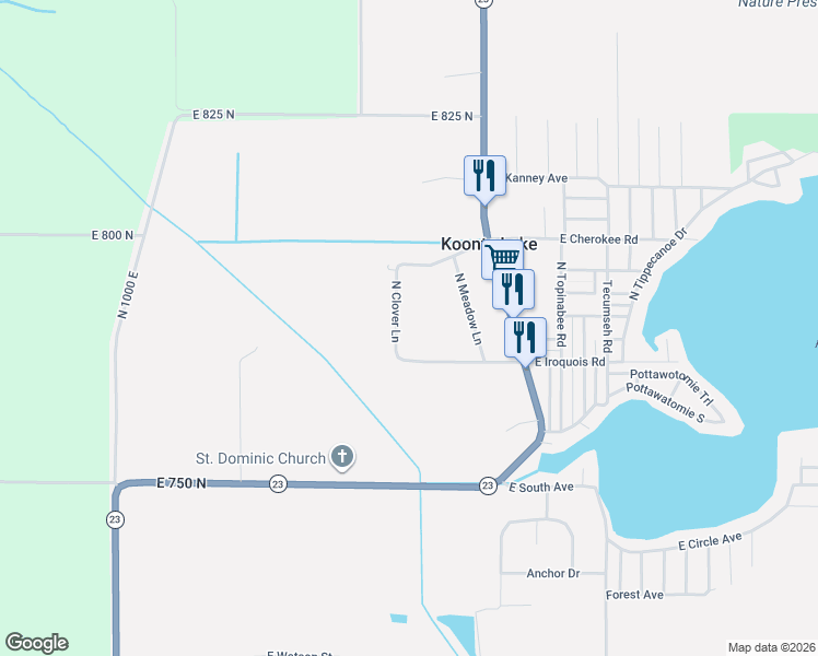 map of restaurants, bars, coffee shops, grocery stores, and more near 7813 North Meadow Lane in Walkerton