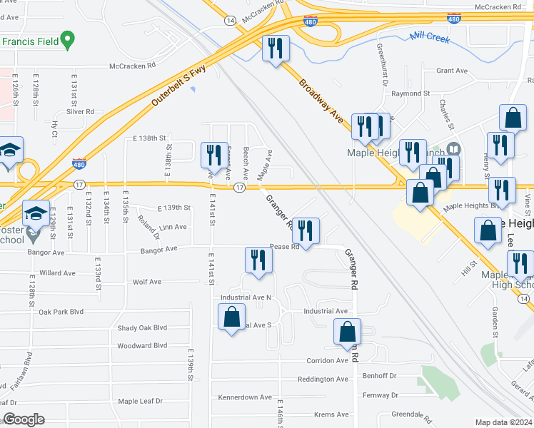 map of restaurants, bars, coffee shops, grocery stores, and more near 14602 Granger Road in Maple Heights