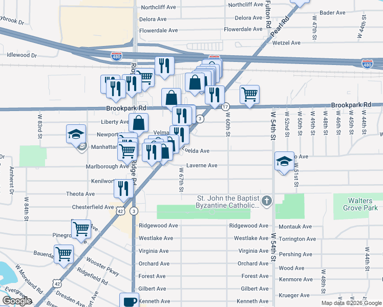 map of restaurants, bars, coffee shops, grocery stores, and more near 6403 Velma Avenue in Parma