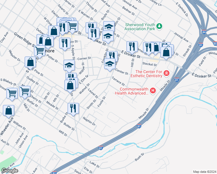 map of restaurants, bars, coffee shops, grocery stores, and more near 303 Smith Street in Dunmore