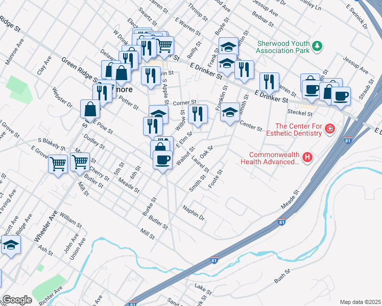 map of restaurants, bars, coffee shops, grocery stores, and more near 153 Walnut Street in Dunmore