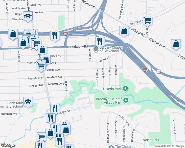 map of restaurants, bars, coffee shops, grocery stores, and more near 902 Tuxedo Avenue in Parma