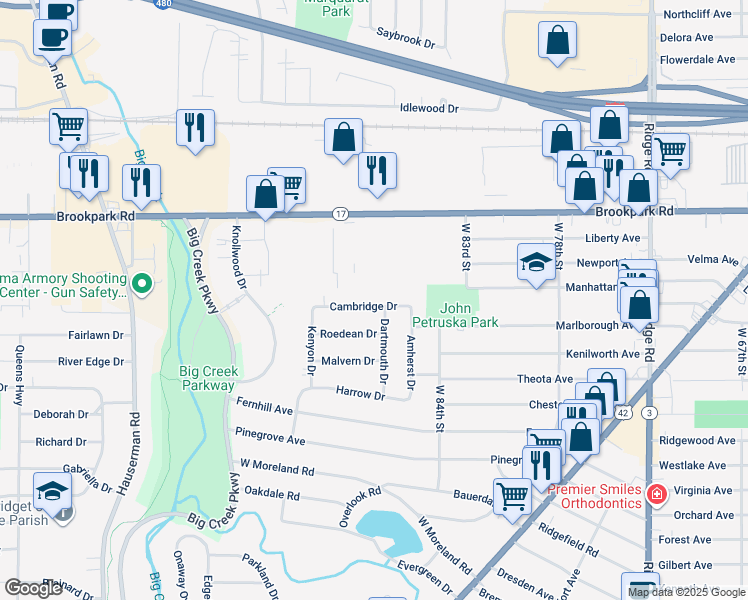 map of restaurants, bars, coffee shops, grocery stores, and more near 9006 Cambridge Drive in Parma