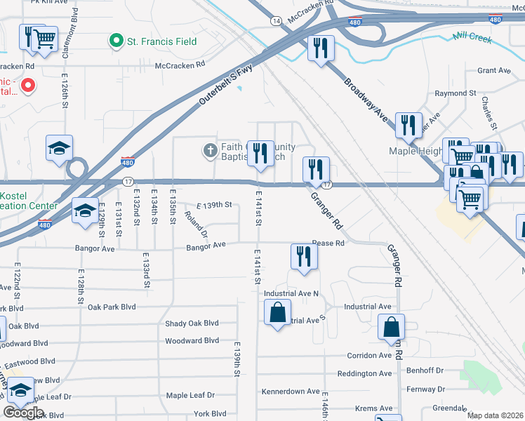 map of restaurants, bars, coffee shops, grocery stores, and more near 5301 East 141st Street in Maple Heights