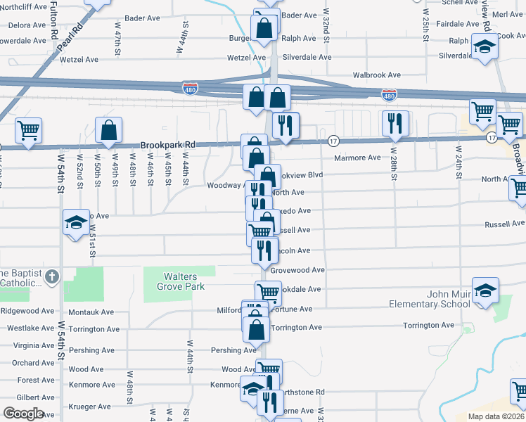 map of restaurants, bars, coffee shops, grocery stores, and more near State Rd & Tuxedo Ave in Parma