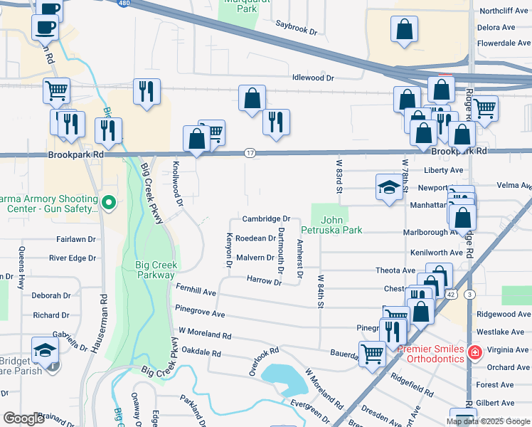 map of restaurants, bars, coffee shops, grocery stores, and more near 9006 Cambridge Drive in Parma