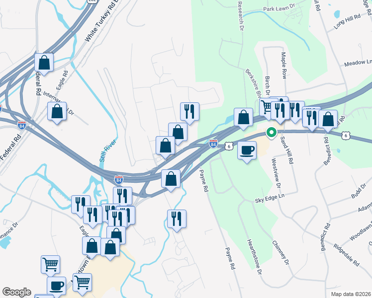 map of restaurants, bars, coffee shops, grocery stores, and more near 200 Newtown Road in Danbury