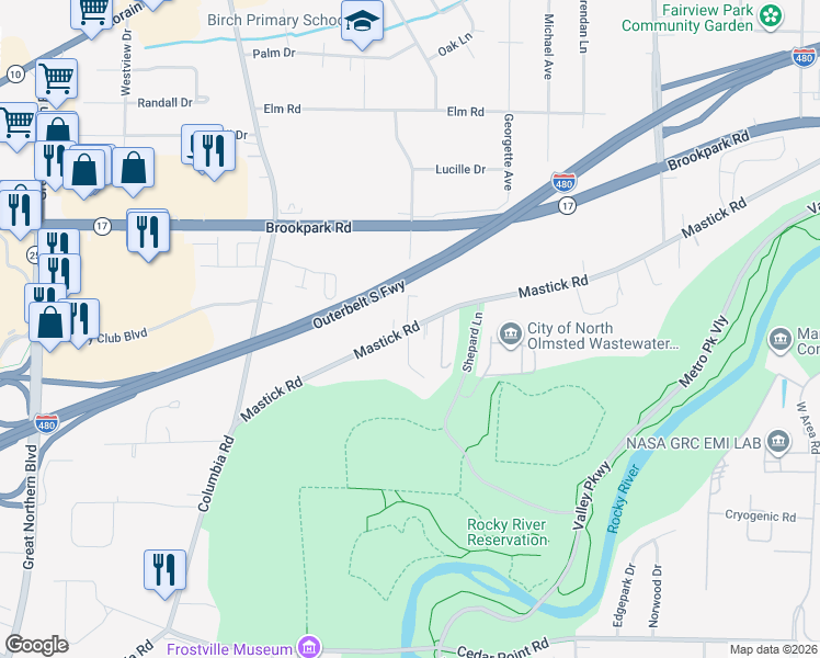 map of restaurants, bars, coffee shops, grocery stores, and more near 5028 Grace Road in North Olmsted