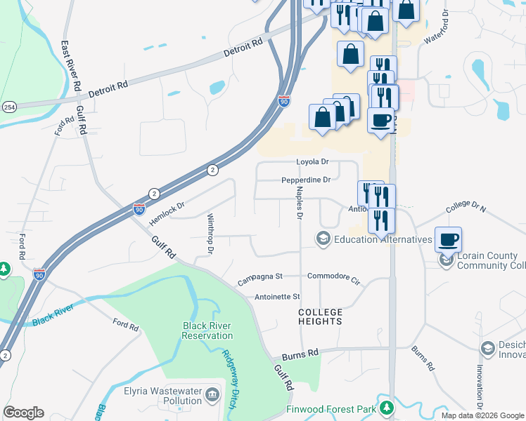 map of restaurants, bars, coffee shops, grocery stores, and more near 231 Antioch Drive in Elyria