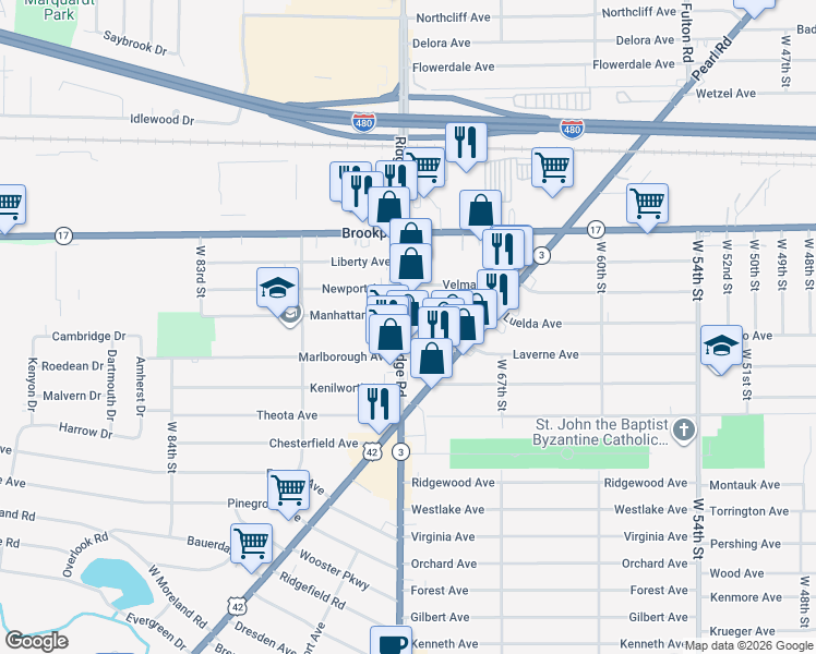 map of restaurants, bars, coffee shops, grocery stores, and more near 7110 Luelda Avenue in Parma