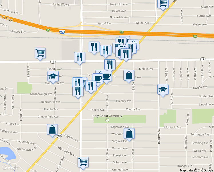 map of restaurants, bars, coffee shops, grocery stores, and more near 5301 Pearl Rd in Parma