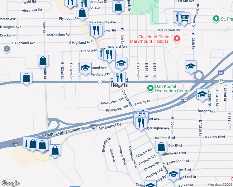map of restaurants, bars, coffee shops, grocery stores, and more near 11124 Danbury Avenue in Garfield Heights