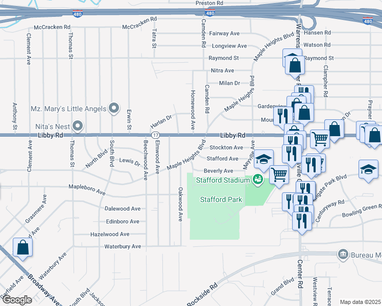 map of restaurants, bars, coffee shops, grocery stores, and more near in Maple Heights