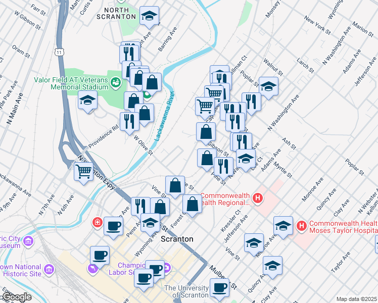 map of restaurants, bars, coffee shops, grocery stores, and more near 723 Capouse Avenue in Scranton