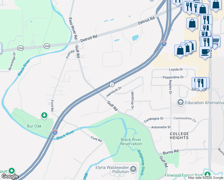 map of restaurants, bars, coffee shops, grocery stores, and more near 140 Hemlock Drive in Elyria