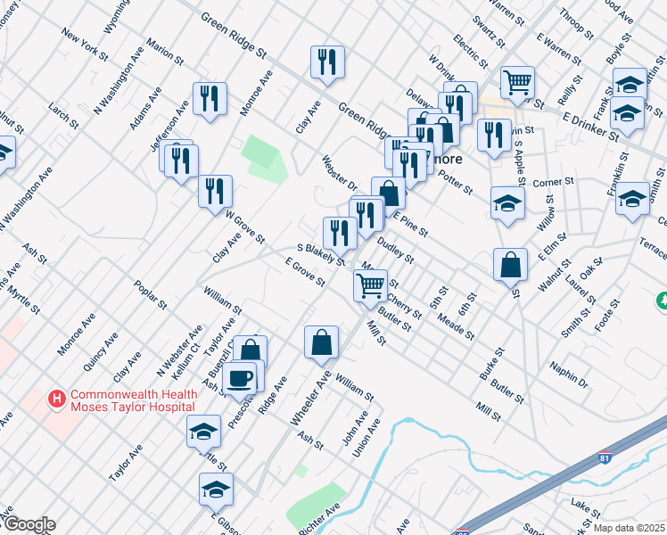 map of restaurants, bars, coffee shops, grocery stores, and more near 620 South Blakely Street in Dunmore