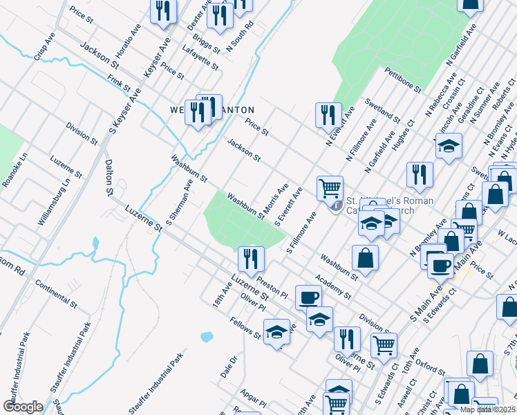 map of restaurants, bars, coffee shops, grocery stores, and more near 135 South Van Buren Avenue in Scranton