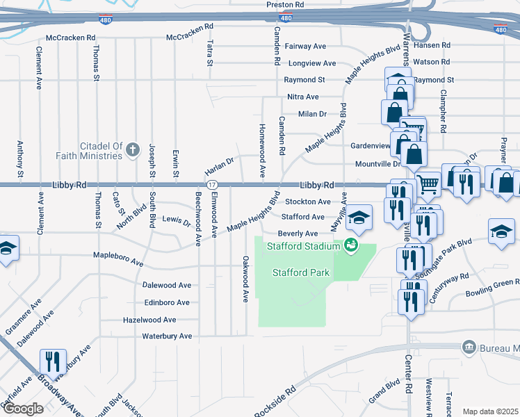 map of restaurants, bars, coffee shops, grocery stores, and more near 19205 Maple Heights Boulevard in Maple Heights