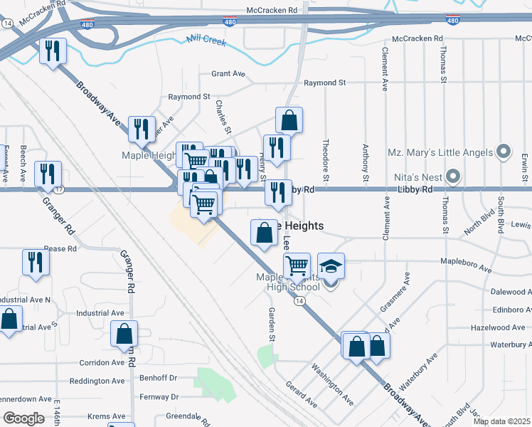 map of restaurants, bars, coffee shops, grocery stores, and more near in Maple Heights