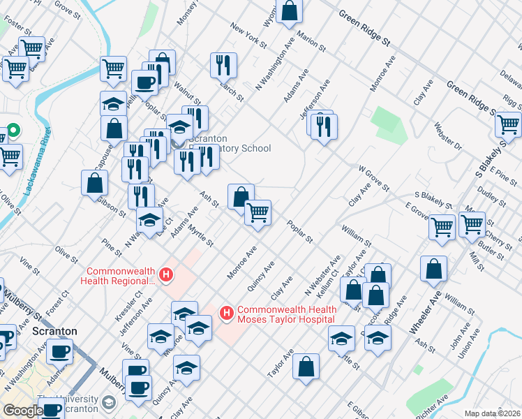 map of restaurants, bars, coffee shops, grocery stores, and more near 807 Poplar St in Dunmore