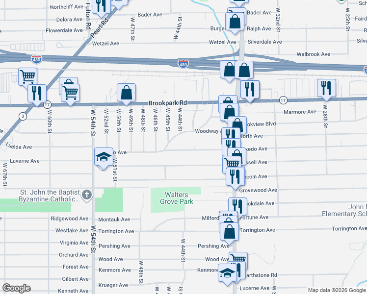 map of restaurants, bars, coffee shops, grocery stores, and more near 4415 Woodway Avenue in Cleveland