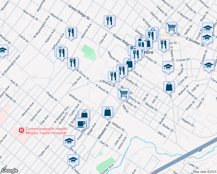 map of restaurants, bars, coffee shops, grocery stores, and more near 610 Avery Place in Dunmore