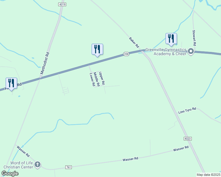 map of restaurants, bars, coffee shops, grocery stores, and more near 345 Upper Road in Greenville