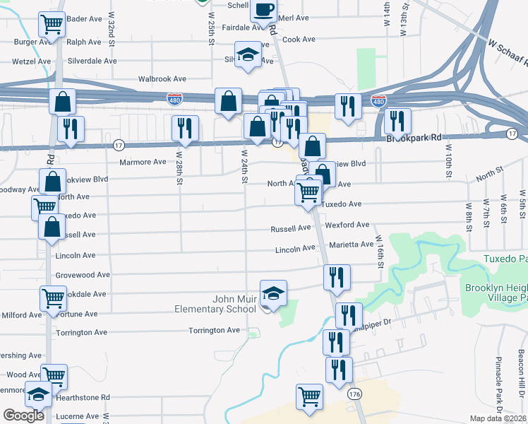 map of restaurants, bars, coffee shops, grocery stores, and more near 2310 Tuxedo Avenue in Parma