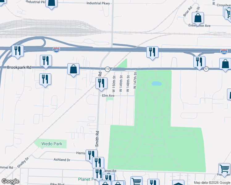 map of restaurants, bars, coffee shops, grocery stores, and more near 5139 West 150th Street in Brook Park