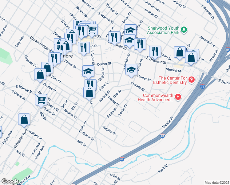 map of restaurants, bars, coffee shops, grocery stores, and more near 153 Walnut Street in Dunmore