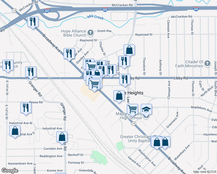 map of restaurants, bars, coffee shops, grocery stores, and more near 16000 Libby Road in Maple Heights