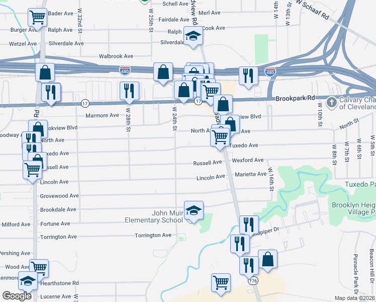 map of restaurants, bars, coffee shops, grocery stores, and more near 2310 Tuxedo Avenue in Parma