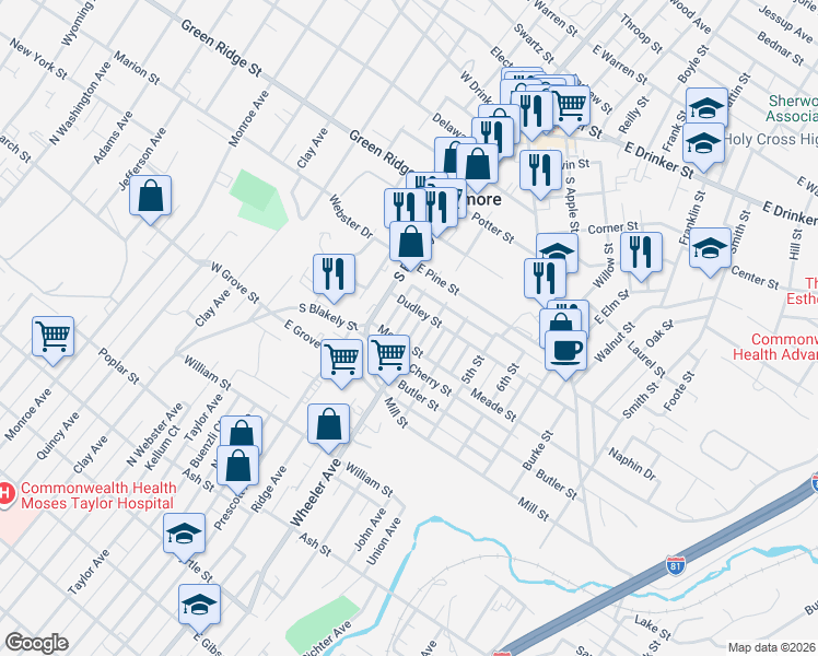 map of restaurants, bars, coffee shops, grocery stores, and more near 513 2nd Street in Dunmore