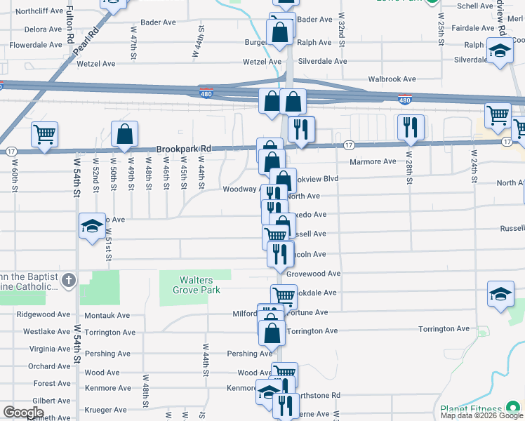map of restaurants, bars, coffee shops, grocery stores, and more near 3710 Tuxedo Avenue in Parma