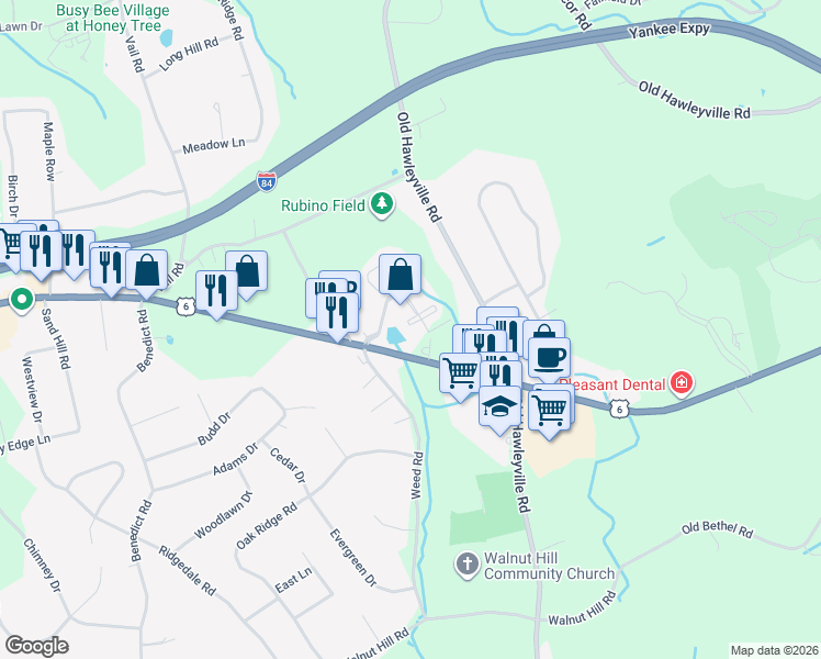 map of restaurants, bars, coffee shops, grocery stores, and more near 410 Copper Square Drive in Bethel