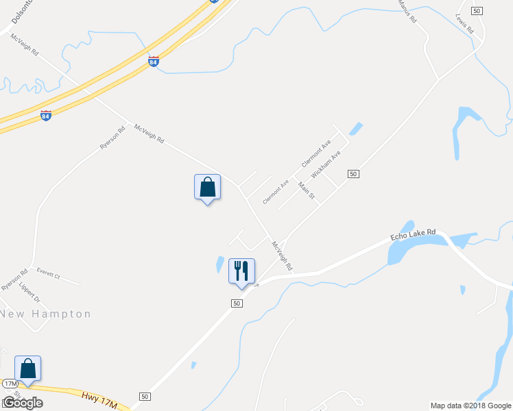 map of restaurants, bars, coffee shops, grocery stores, and more near 54 McVeigh Road in New Hampton
