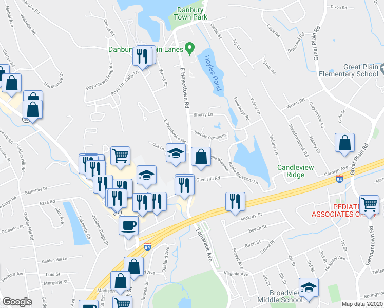 map of restaurants, bars, coffee shops, grocery stores, and more near 41 Tamarack Avenue in Danbury