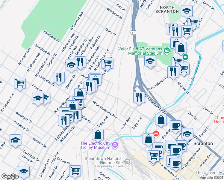 map of restaurants, bars, coffee shops, grocery stores, and more near 520 Saint Frances Cabrini Avenue in Scranton