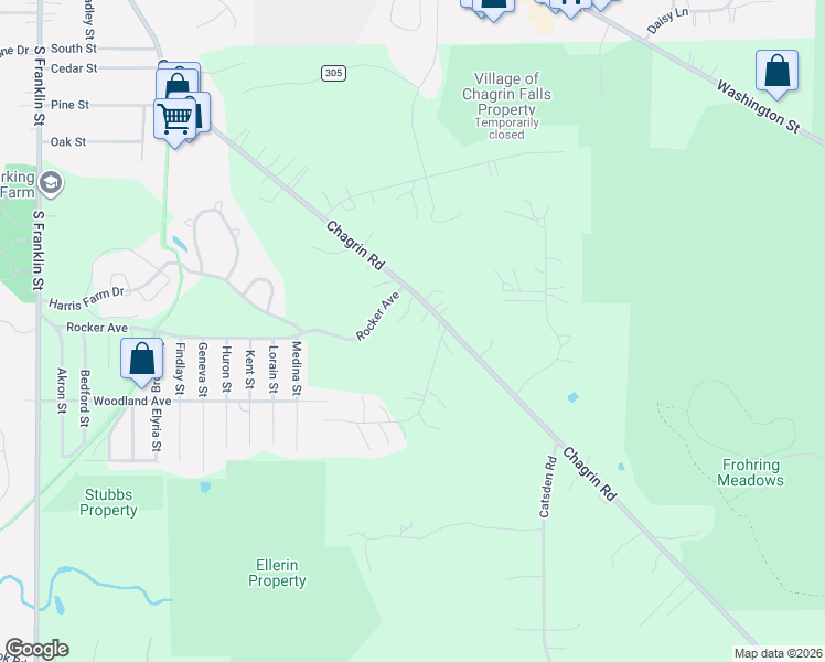map of restaurants, bars, coffee shops, grocery stores, and more near 7421 Chagrin Road in Chagrin Falls