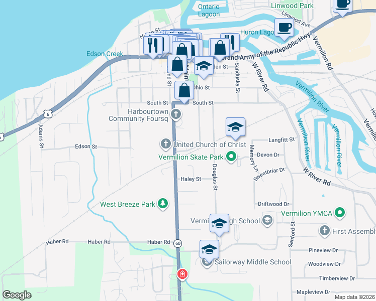 map of restaurants, bars, coffee shops, grocery stores, and more near Mill Street in Vermilion