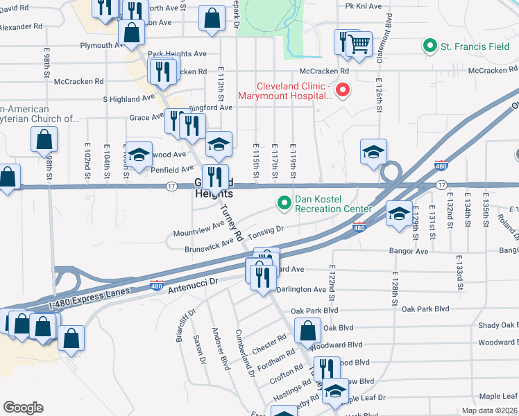 map of restaurants, bars, coffee shops, grocery stores, and more near 5407 Turney Road in Garfield Heights