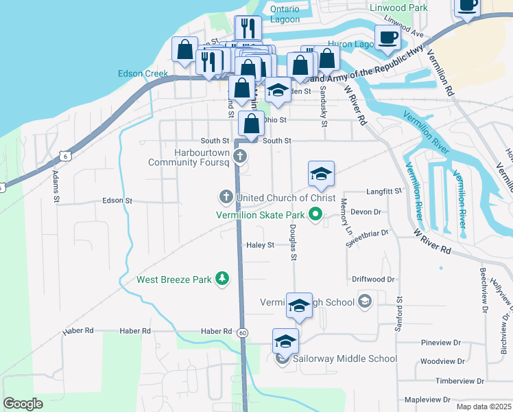map of restaurants, bars, coffee shops, grocery stores, and more near Mill Street in Vermilion