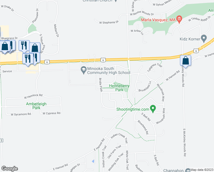map of restaurants, bars, coffee shops, grocery stores, and more near 25741 South Red Stable Lane in Channahon