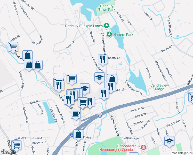 map of restaurants, bars, coffee shops, grocery stores, and more near 2 Oak Lane in Danbury