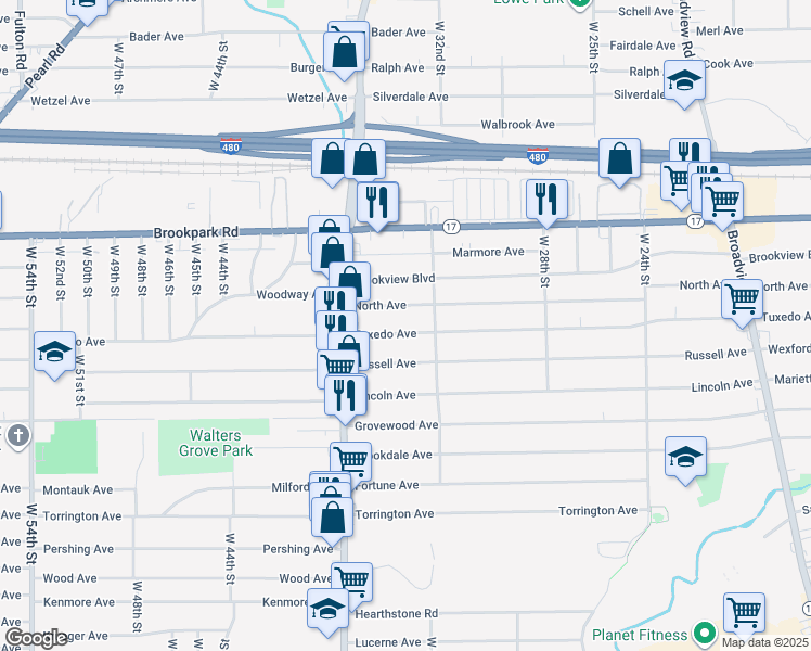 map of restaurants, bars, coffee shops, grocery stores, and more near 3327 North Avenue in Parma
