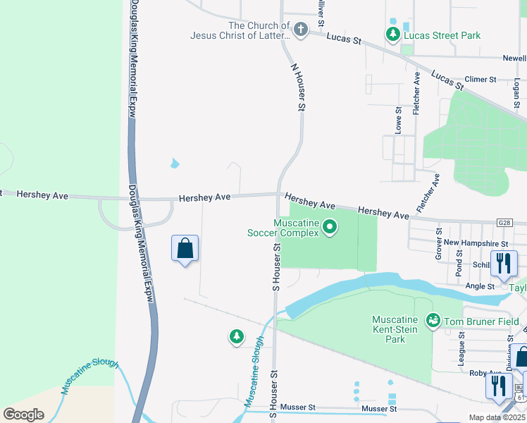 map of restaurants, bars, coffee shops, grocery stores, and more near 110 South Houser Street in Muscatine