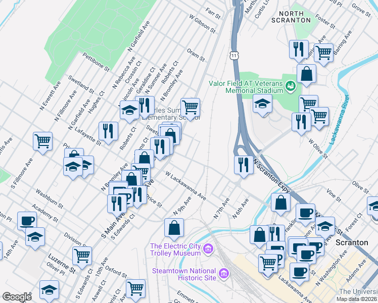 map of restaurants, bars, coffee shops, grocery stores, and more near 521 Pleasant Avenue in Scranton