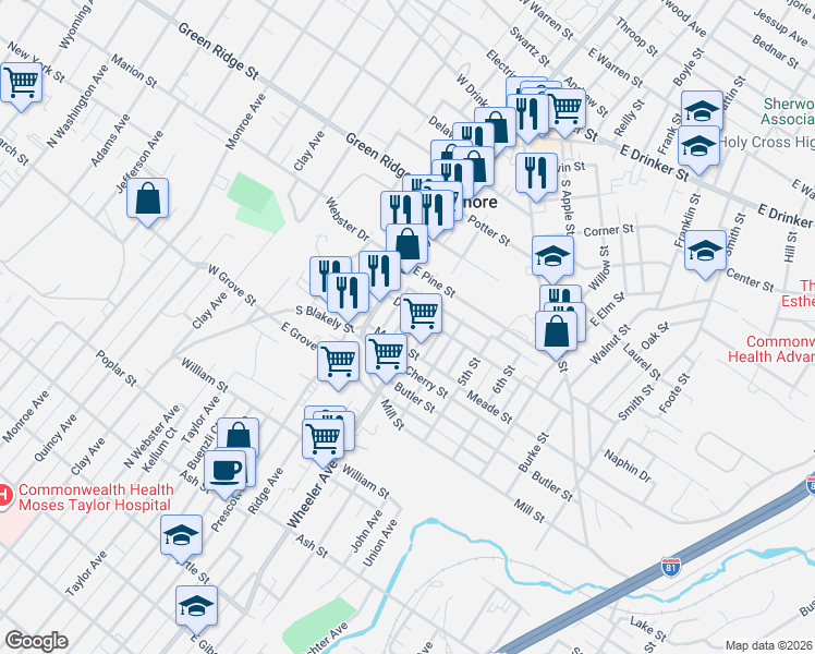 map of restaurants, bars, coffee shops, grocery stores, and more near 513 2nd St in Dunmore