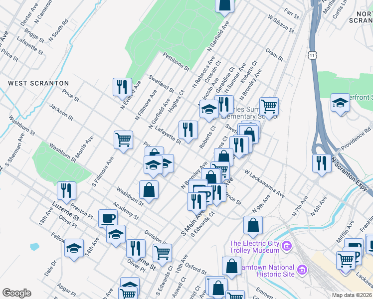 map of restaurants, bars, coffee shops, grocery stores, and more near 229 North Sumner Avenue in Scranton