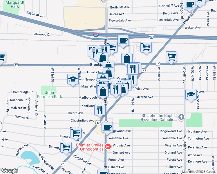 map of restaurants, bars, coffee shops, grocery stores, and more near 7110 Luelda Avenue in Parma